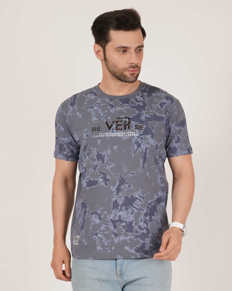 Men's Blue Tie-Dye Printed T-Shirt – "REVERSE" Graphic