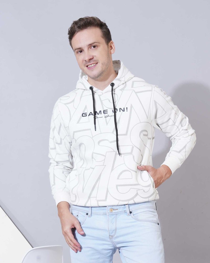 Men's White "GAME ON!" Printed Hoodie