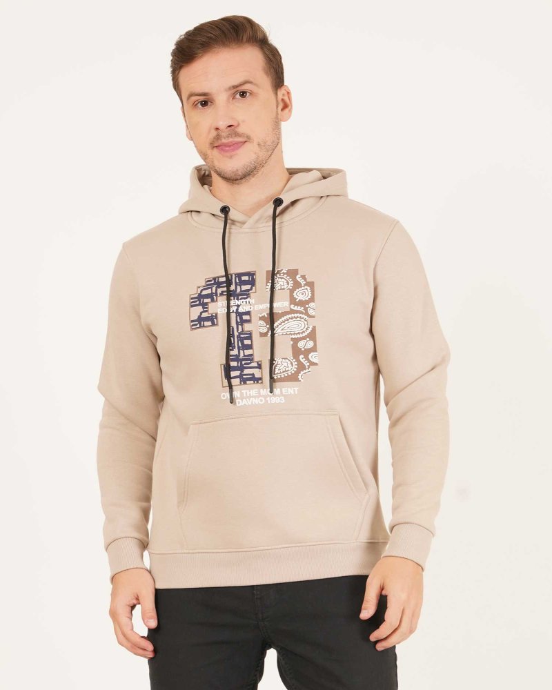 Men’s Beige Printed Hoodie – “Own the Moment” Edition