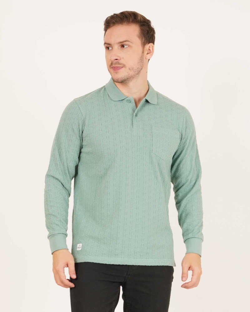 Men’s Textured Mint Green Full-Sleeve Polo T-Shirt