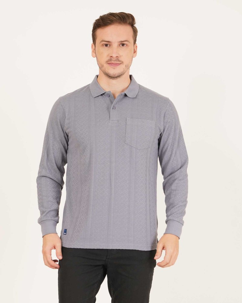 Men’s Grey Textured Full-Sleeve Polo T-Shirt