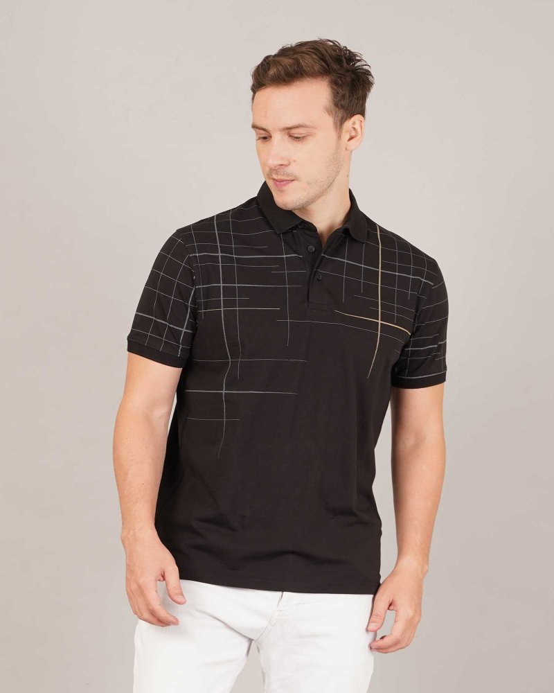 Men’s Black Grid-Print Polo T-Shirt