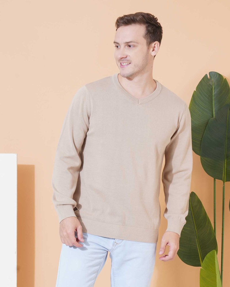 Men’s Beige V-Neck Sweater – Classic Knitwear Essential