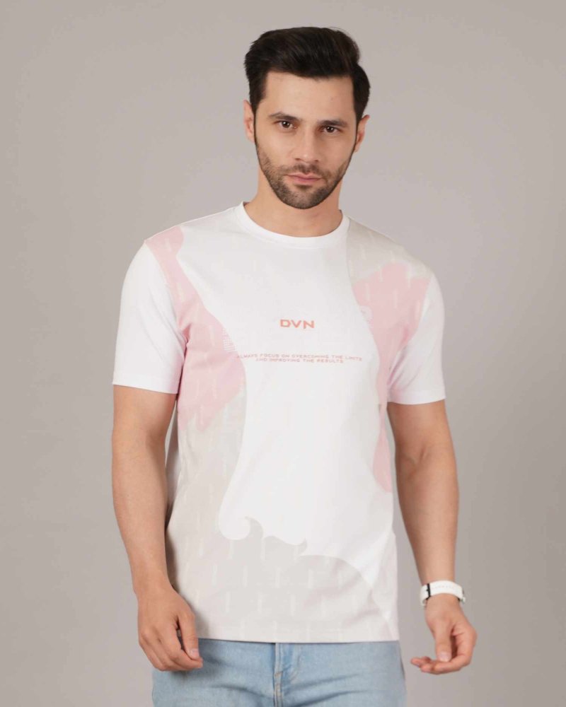Men’s White & Pink Abstract Print Crew Neck T-Shirt
