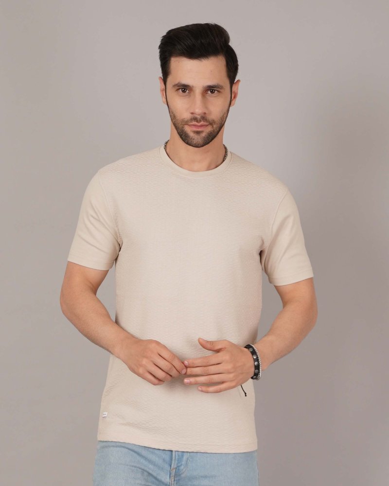 Beige Textured Crew-Neck T-Shirt