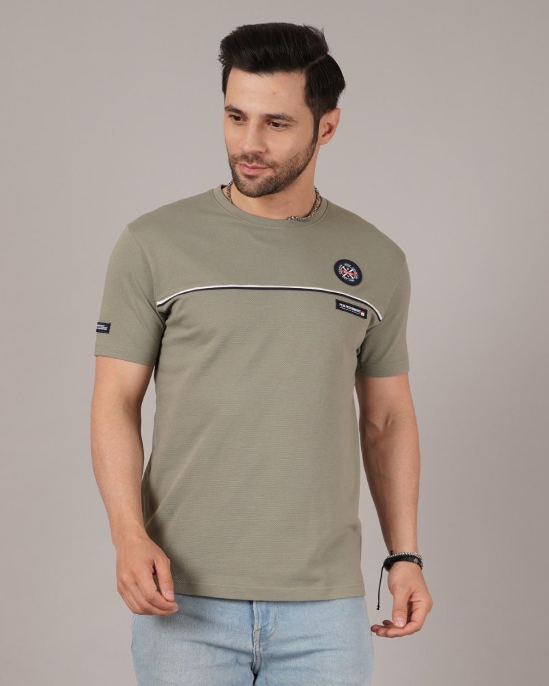 Olive Green Casual T-Shirt with Chest Patch