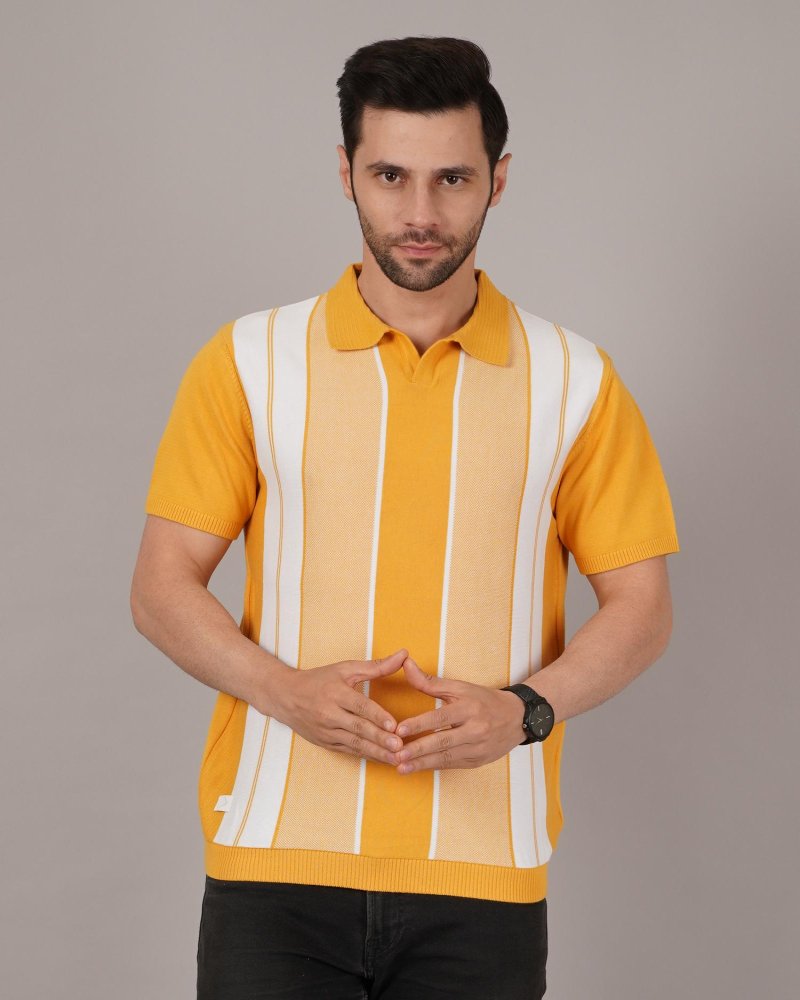 DAVNO Men’s Yellow & White Striped Knitted Polo T-Shirt