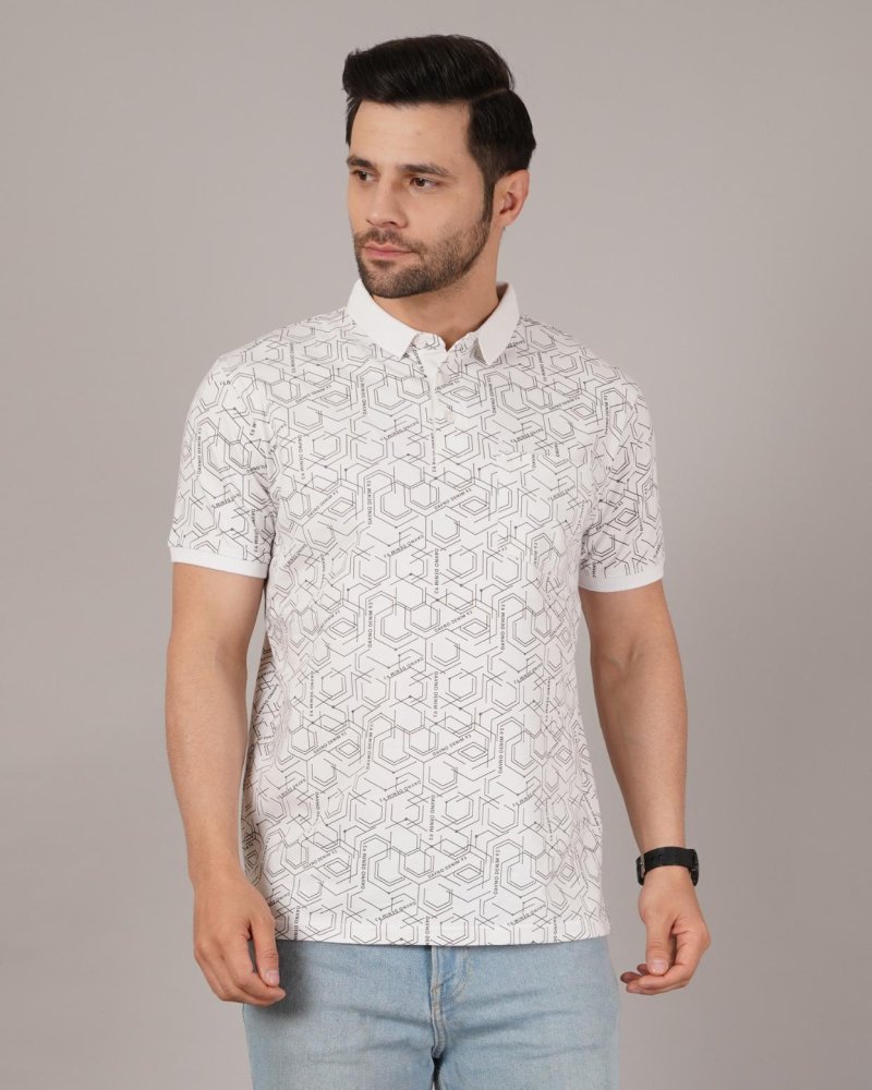 DAVNO Men’s White Geometric Printed Polo T-Shirt
