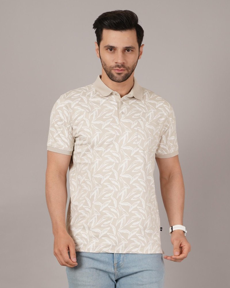DAVNO Men’s Beige Leaf Print Polo T-Shirt