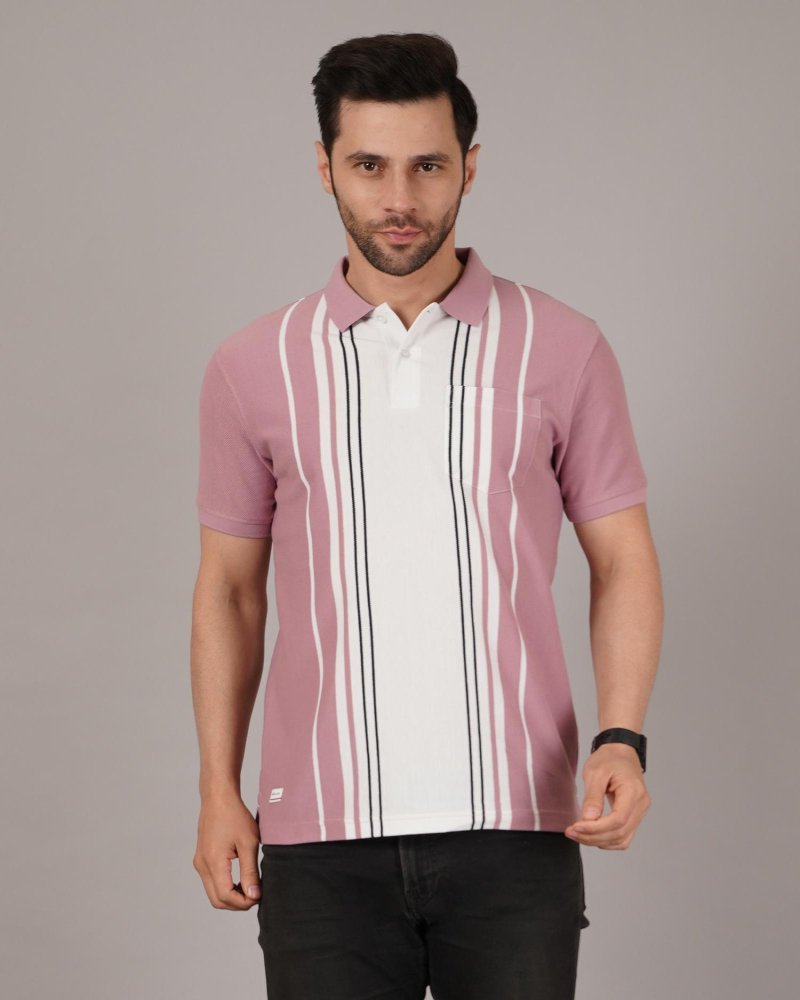 DAVNO Men’s Mauve & White Vertical Stripe Polo T-Shirt