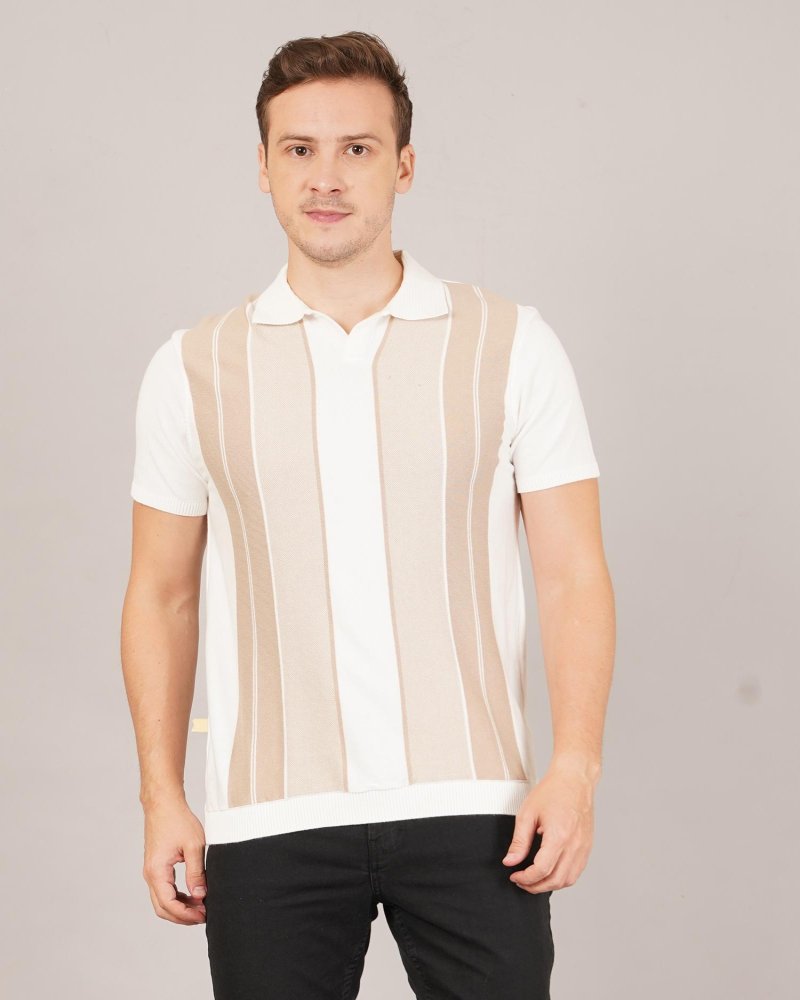 Men's Beige & White Vertical Stripe Polo T-Shirt