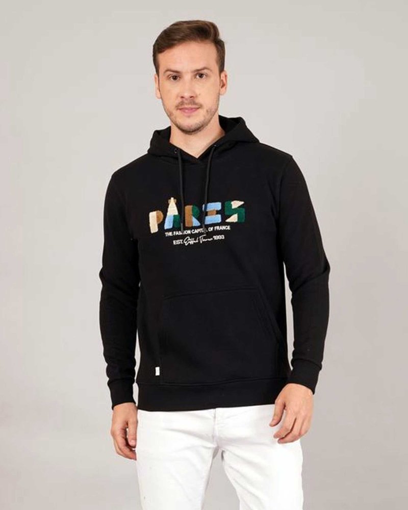 Men’s Black “PARIS” Printed Cotton Hoodie