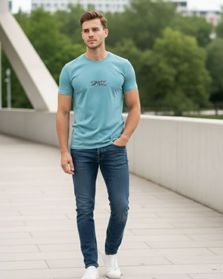 Men’s Premium Sky-Blue Printed Round Neck T-shirt