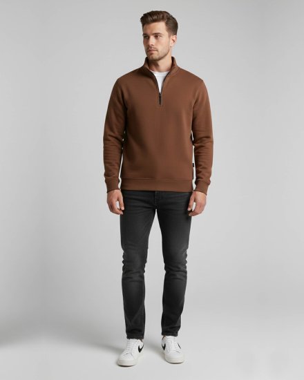 Men’s Premium Solid Brown  Half Zipper  Sweatshirt