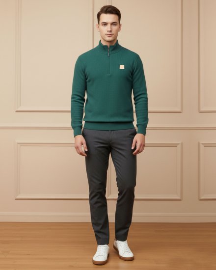 Men’s Premium Solid Green Ribbed Half-Zip Sweatshirt