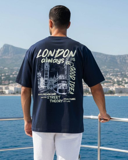 Men’s Premium Navy Blue London Graphic print Oversized T-Shirt