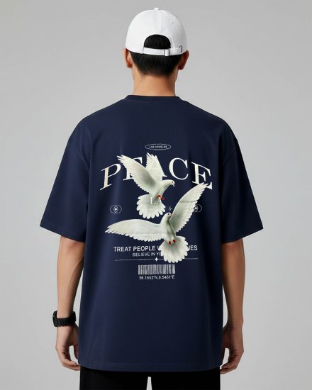 Men’s Premium Navy Blue Flying Dove Graphic Print Oversized T-Shirt