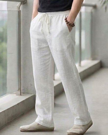 Men’s Premium White Solid Linen Casual Trousers