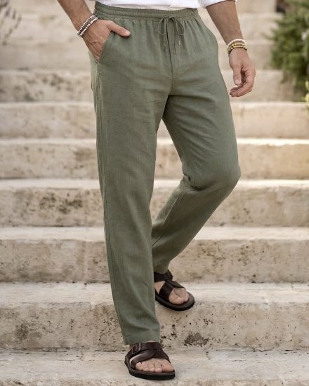 Men’s Premium Olive Green Solid Linen Casual Trousers