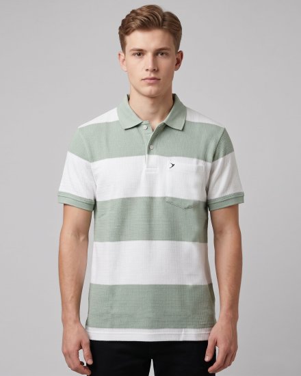Men's Sage Green & White Striped Waffle Knit Polo T-Shirt