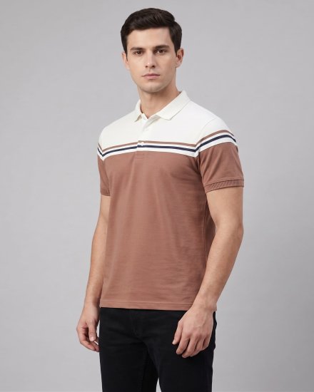 Men's Mocha Brown & Cream Colorblocked Polo T-Shirt
