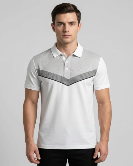Men's Crisp White Geometric Chevron Polo T-Shirt