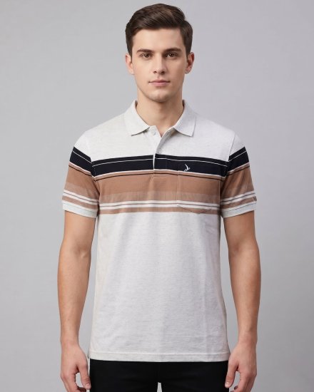 Men's Off-White & Tan Chest Striped Polo T-Shirt with Pocket
