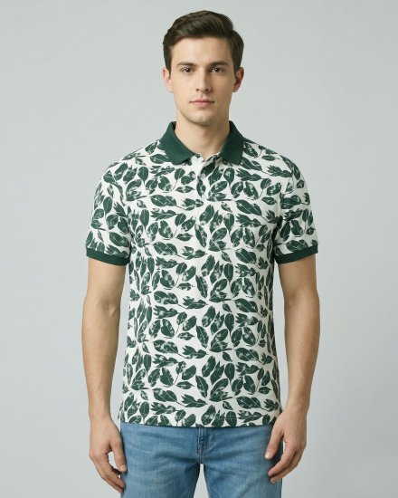 Men's Green & Off-White Leaf-Printed Cotton Blend Polo T-Shirt