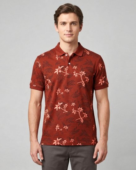 Men's Rust Orange Floral & Leaf-Printed Cotton Blend Polo T-Shirt