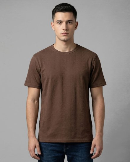 Men's Brown Geometric Jacquard Textured Crew Neck T-Shirt