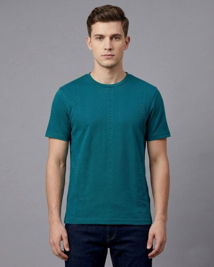 Men's Teal Green Geometric Jacquard Textured Crew Neck T-Shirt