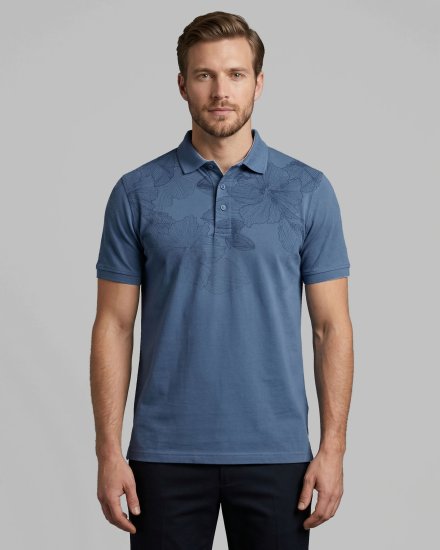 Men's Dusty Blue Floral Yoke-Printed Cotton Blend Polo T-Shirt