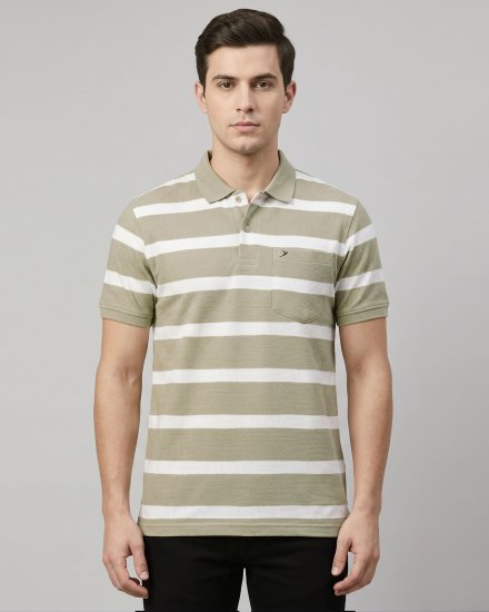 Men's Pista & White Striped Pique Textured Polo T-Shirt with Chest Pocket