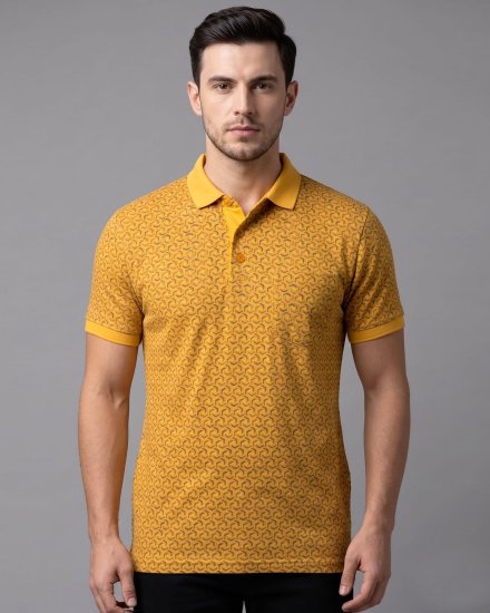 Men's Mustard Yellow with All-Over Print Pique Textured Casual Polo T-Shirt