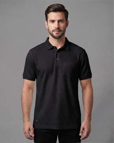Men's Black Jacquard with Waffle Knit Textured Casual Polo T-Shirt