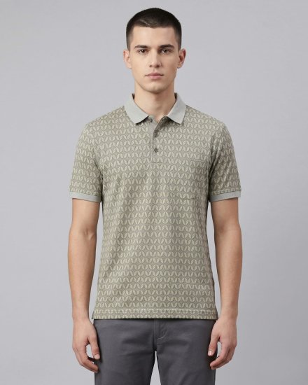 Men's Olive Green with All-Over Print Pique Textured Polo T-Shirt