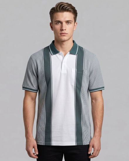 Men's Dark Olive Green & White Panel Striped Pique Textured  Polo T-Shirt