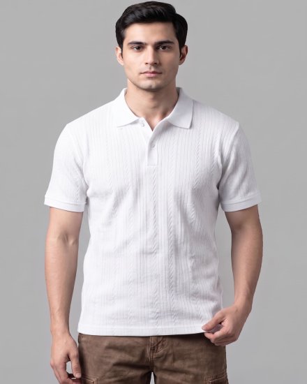 Men's Solid Off-White  Textured Knit Polo Collar T-Shirt