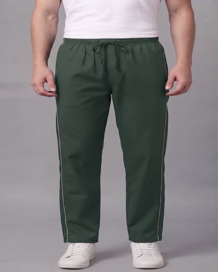 Men's Casual  Relaxed-Fit Bottle Green Lounge Pants with Contrast Side Piping and Drawstring Waist