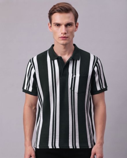 Men's Olive Vertical Striped Waffle-Knit Polo T-Shirt with Chest Pocket & Embroidered Logo