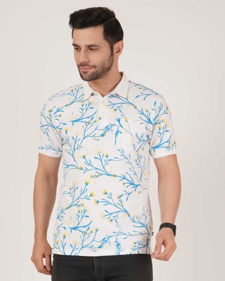 Men's White Floral Printed Polo T-Shirt