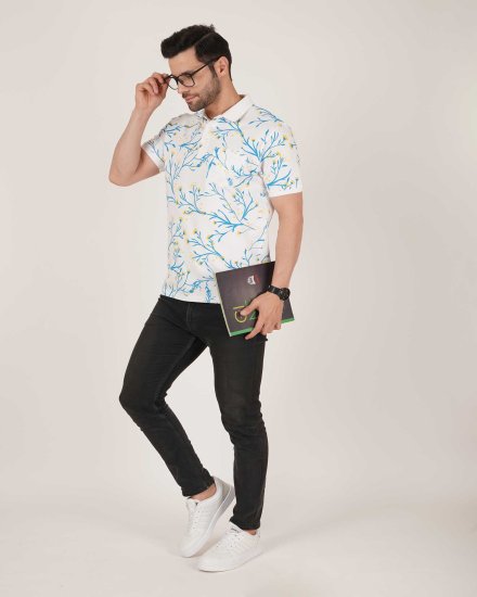 Men's White Floral Printed Polo T-Shirt