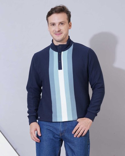 Men's Navy Blue High Neck Sweatshirt with Vertical Stripes