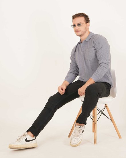 Men’s Grey Textured Full-Sleeve Polo T-Shirt