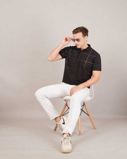 Men’s Black Grid-Print Polo T-Shirt