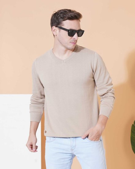 Men’s Beige V-Neck Sweater – Classic Knitwear Essential