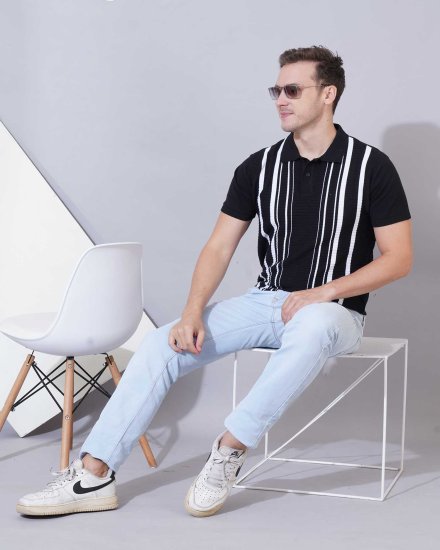 Men's Black & White Striped Polo Knit Shirt
