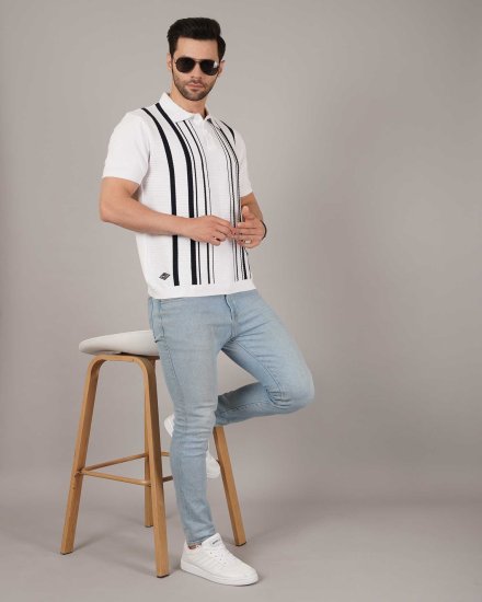 Men's White & Black Vertical Striped Polo Knit Shirt