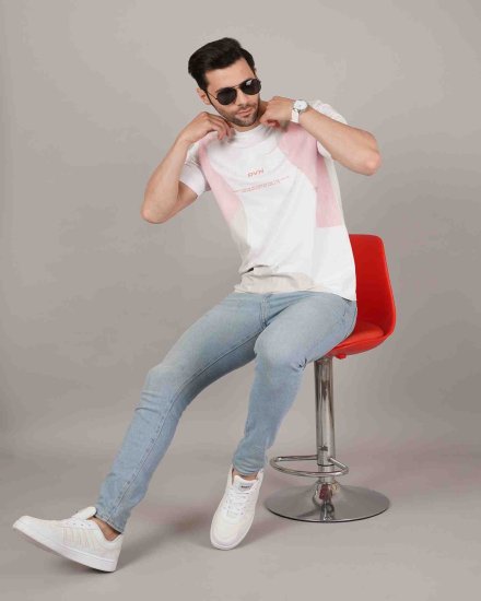 Men’s White & Pink Abstract Print Crew Neck T-Shirt