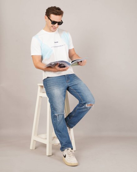 Men’s White & Blue Abstract Printed Round Neck T-Shirt